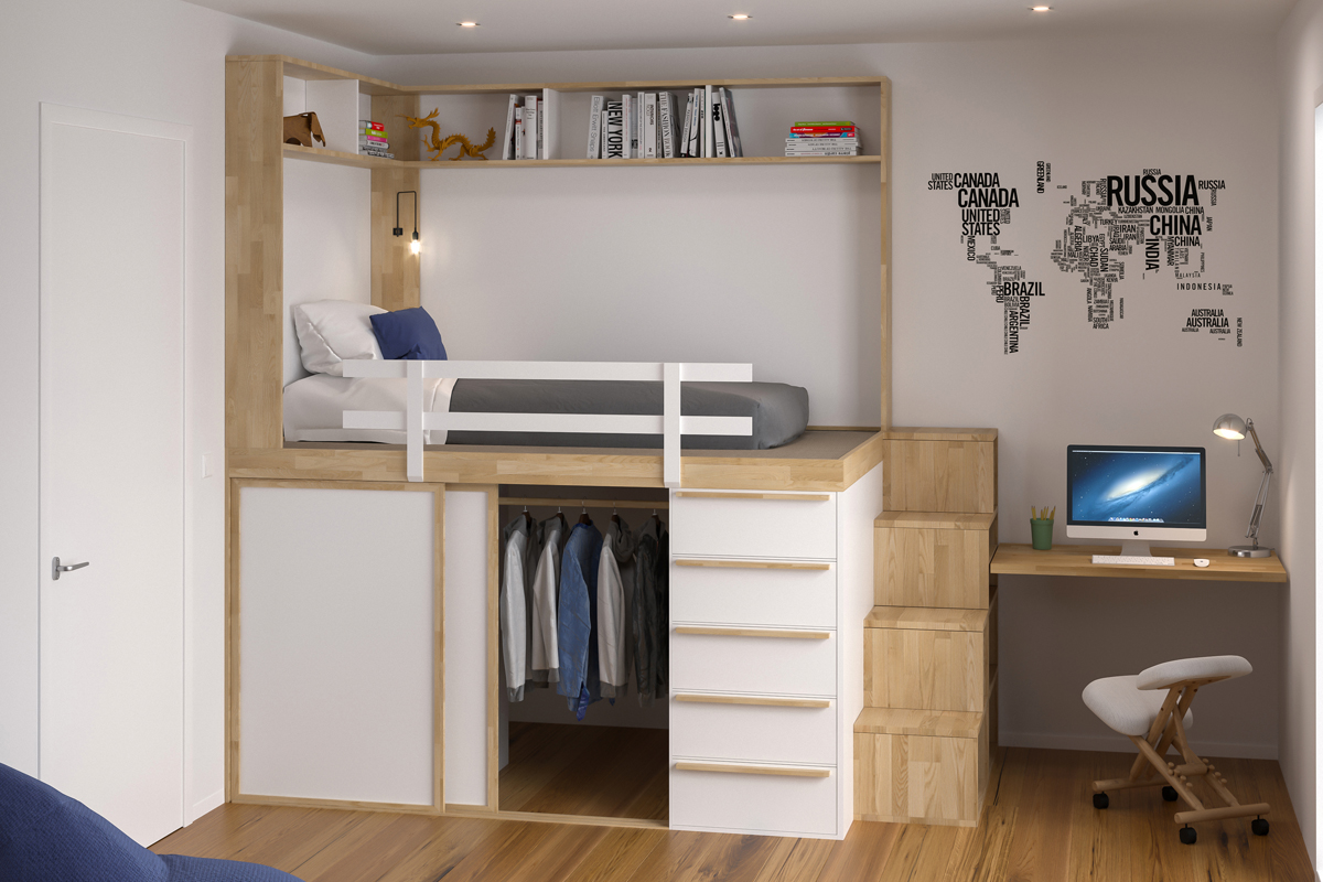 SpazioBed - Basic Young SpazioBed - with 5 drawers, wardrobe with 2 sliding doors, and a desk. Natural wood color